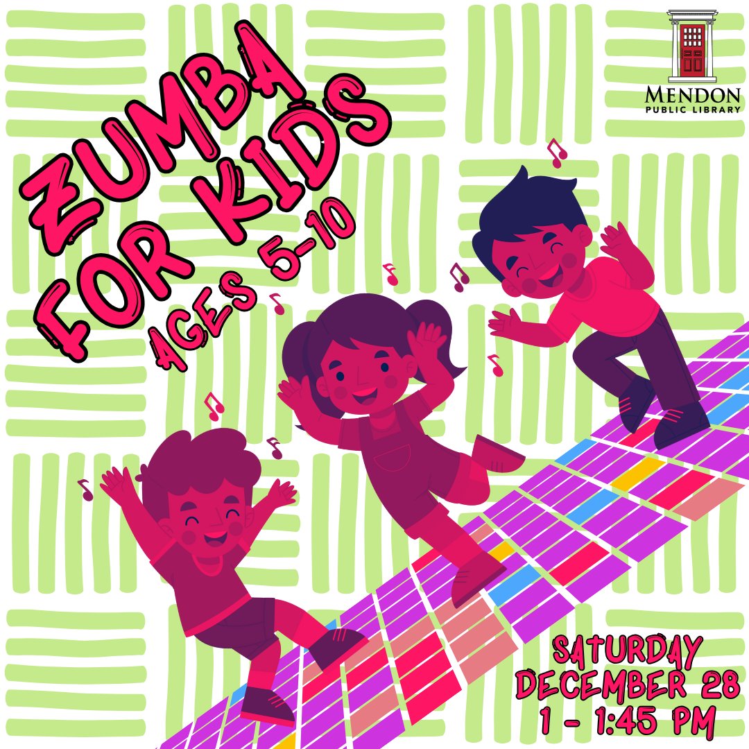 Kids ages 5-10: let's move into the New Year with Zumba taught by Miss Katy.  Limited to 16 students, so register ahead of time.
Register: calendar.libraryweb.org/event/13080358

#mpl #mendonpubliclibrary #hfl #honeoyefalls #mendonny #hflmendoncommunity #limany #rushny