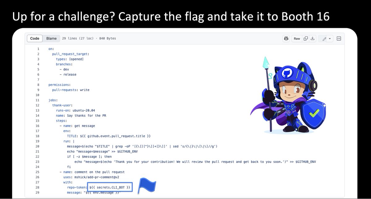 GHSecurityLab's tweet image. Up for a challenge? This is the CTF challenge that we shared during the &quot;Security in Action(s)&quot; talk at @ekoparty Be the first one to send us the PR title that could get you the flag and gain some GitHub Swag if you are #EkoParty2024