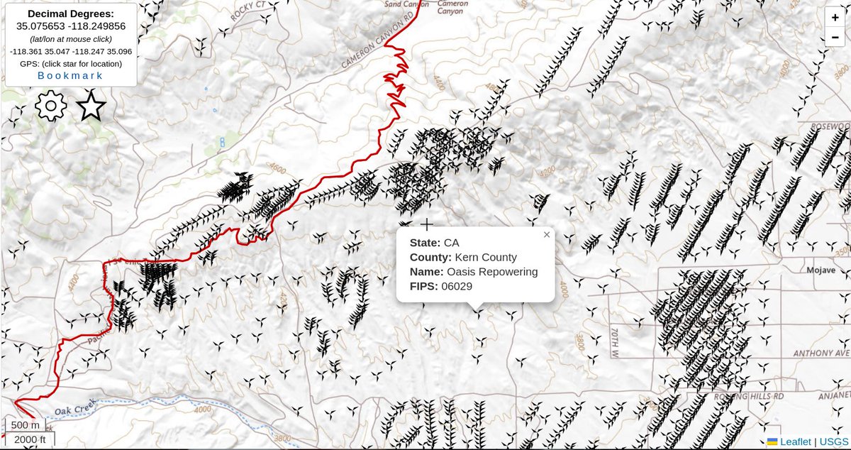 Wind turbines, the good, the bad and the ugly.

postholer.com/map/Pacific-Cr…

Zoomed out you get clusters of turbines, zoom in for individual turbines. Mouse over or click turbine for more info.

We've added wind turbines to our data on Postholer Interactive Maps. It's surprising how