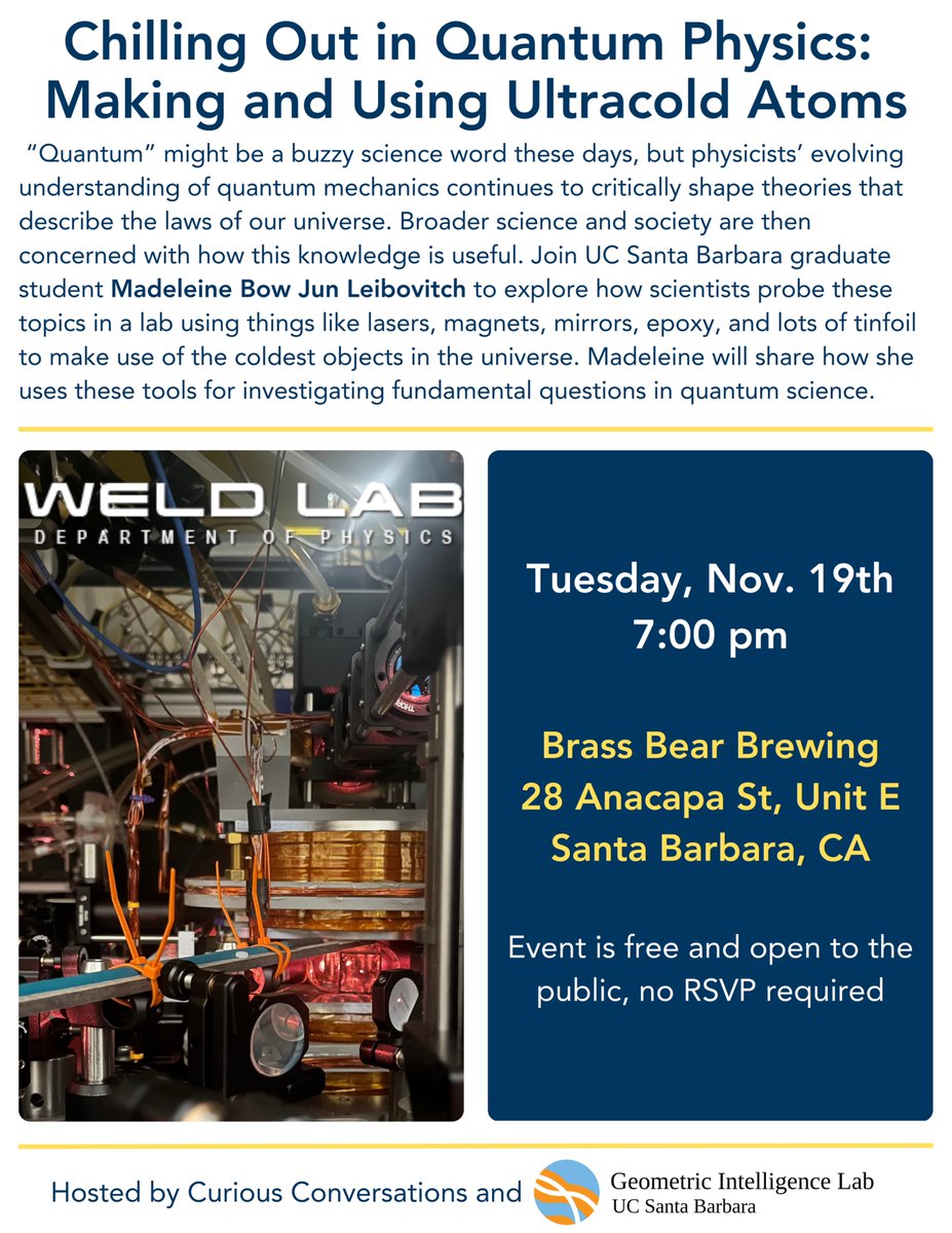 Ever wondered what lies at the heart of the quantum world? Santa Barbara Folks📢: Please join us next Tuesday, 7 pm, at Brass Bear Brewing in downtown Santa Barbara for Madeleine Bow Jun Leibovitch's talk on ultracold potassium atoms and their significance in quantum physics⚛️