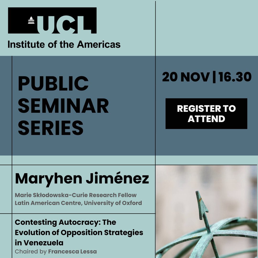 Francesca Lessa (she/her/ella) (@uruguayfran) on Twitter photo 🚨Join us next week for our <a href="/UCLAmericas/">UCL Americas</a> public seminar series to discuss contesting autocracy and opposition strategies in Venezuela 🇻🇪
🗓️ 20/11
🕰️ 16:30-18:00
🎙️ <a href="/MaryhenJimenez/">Maryhen Jiménez</a> <a href="/OSGAOxford/">Oxford School of Global & Area Studies</a>
🪑 <a href="/UruguayFran/">Francesca Lessa (she/her/ella)</a>
Please register to attend: ucl.ac.uk/americas/event… 🚨Join us next week for our <a href="/UCLAmericas/">UCL Americas</a> public seminar series to discuss contesting autocracy and opposition strategies in Venezuela 🇻🇪
🗓️ 20/11
🕰️ 16:30-18:00
🎙️ <a href="/MaryhenJimenez/">Maryhen Jiménez</a> <a href="/OSGAOxford/">Oxford School of Global & Area Studies</a>
🪑 <a href="/UruguayFran/">Francesca Lessa (she/her/ella)</a>
Please register to attend: ucl.ac.uk/americas/event…