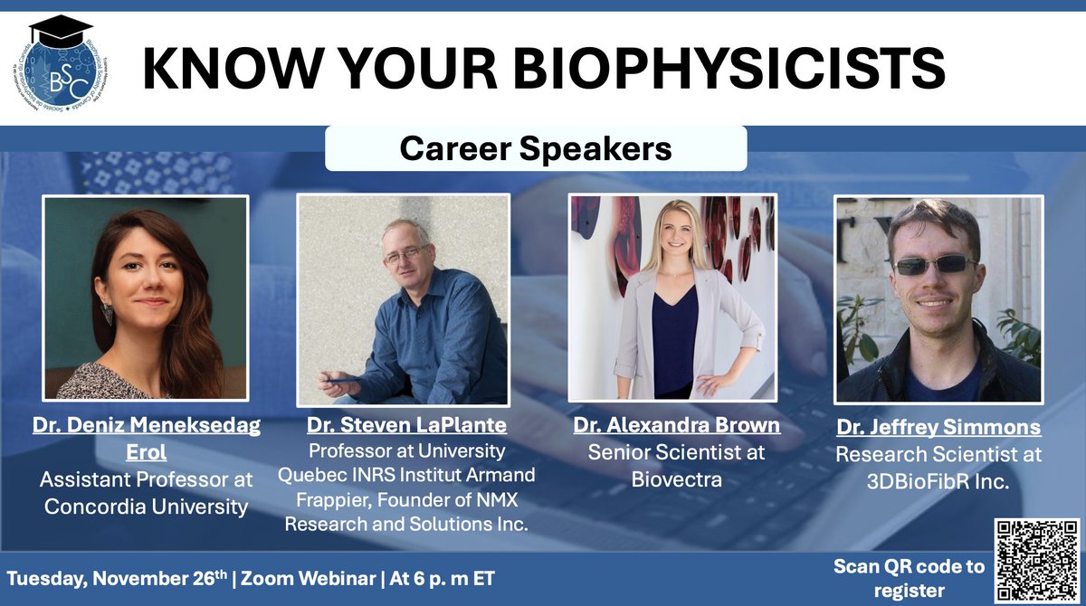 BSCtrainees's tweet photo. Don’t miss our biophysics career talk webinar! This virtual event offers undergraduate and graduate students a fantastic opportunity to connect with distinguished Canadian biophysicists, explore diverse career paths in biophysics, and gain valuable insights. https://t.co/C8jYvctYe0