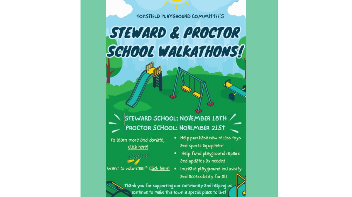 townoftopsfield's tweet photo. Thank you for supporting our Topsfield school playgrounds. Donate today at: https://t.co/NHF5V2a8ne
Volunteer at: https://t.co/uNGXw497Wn
#townoftopsfield #topsfieldma #topsfieldschools https://t.co/UUdkPvkVrh