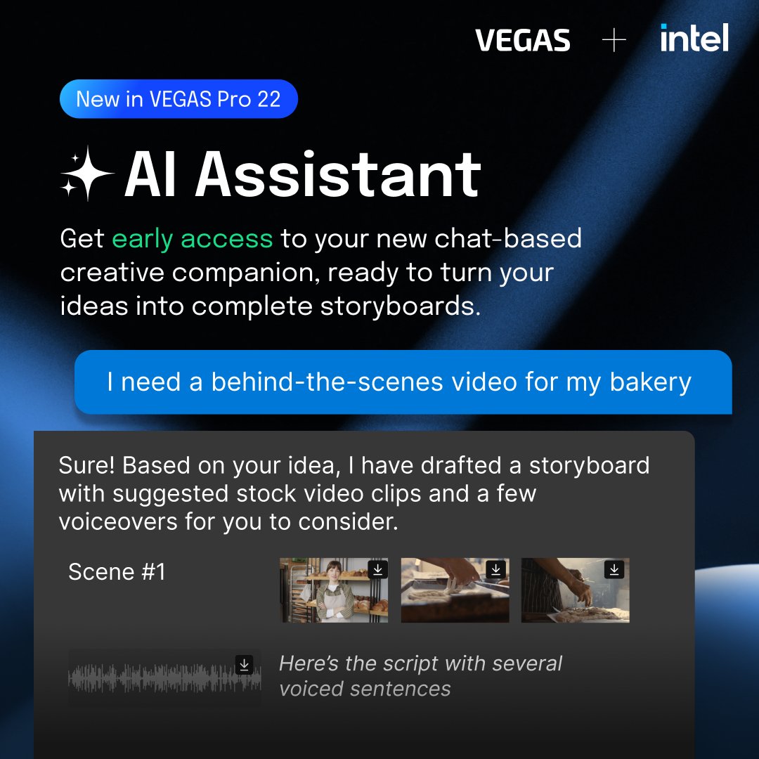 VEGAS - the complete video toolset (@vegassoftware) on Twitter photo Need quick scene ideas? 🎬 With Update 2, VEGAS #AIAssistant helps you plan #storyboards from simple text prompts, making #contentcreation faster and easier than ever.
Discover this new tool, developed in collaboration with Intel! vegascreativesoftware.com/int/vegas-pro/… #VEGASPro #VideoEditing Need quick scene ideas? 🎬 With Update 2, VEGAS #AIAssistant helps you plan #storyboards from simple text prompts, making #contentcreation faster and easier than ever.
Discover this new tool, developed in collaboration with Intel! vegascreativesoftware.com/int/vegas-pro/… #VEGASPro #VideoEditing