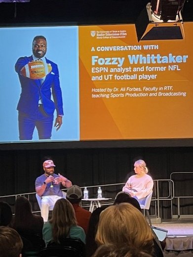 UT RTF (@utrtf) on Twitter photo Thank you to ESPN analyst and former NFL and UT football player, <a href="/FozzyWhitt/">Fozzy Whittaker</a>, for joining us this week for a fantastic chat with our students and #UTRTF Sports Production and Broadcasting prof <a href="/allisonforbes/">Ali</a> ! <a href="/UTexasMoody/">TEXAS Moody</a> Thank you to ESPN analyst and former NFL and UT football player, <a href="/FozzyWhitt/">Fozzy Whittaker</a>, for joining us this week for a fantastic chat with our students and #UTRTF Sports Production and Broadcasting prof <a href="/allisonforbes/">Ali</a> ! <a href="/UTexasMoody/">TEXAS Moody</a>