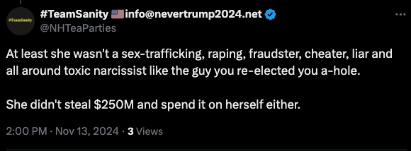 Blocking me from replying won't stop me, you coward. You are the party that has Blii Clinton. You are the Sex Traffickers, None of those charges were proven to Trump. Keep coping you imbecile.  <a href="/NHTEAPARTIES/">#SaveAmerica 🇺🇸info@nevertrump2024.net</a>