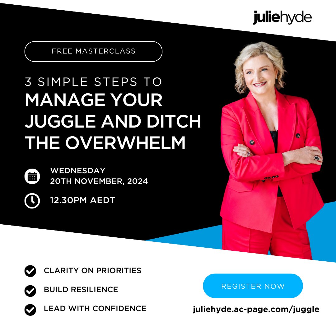 JulieHydeLeads's tweet image. Ready to lead your life with confidence? Join my FREE masterclass, "3 Simple Steps to Manage Your Juggle &amp;amp; Ditch the Overwhelm!" In 60 mins, you’ll learn to prioritise, set boundaries, and build resilience. Start 2025 with #empoweredchoices—sign up now! 🔥 Link in comments.