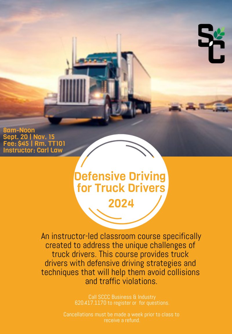 b_sccc's tweet image. Safety on the road is essential. This course is focused on defensive driving techniques tailored specifically for truck drivers. Learn how to anticipate hazards, improve reaction time, and keep yourself—and others—safe on the road.  #defensivedriving Call 620.417.1170 to register