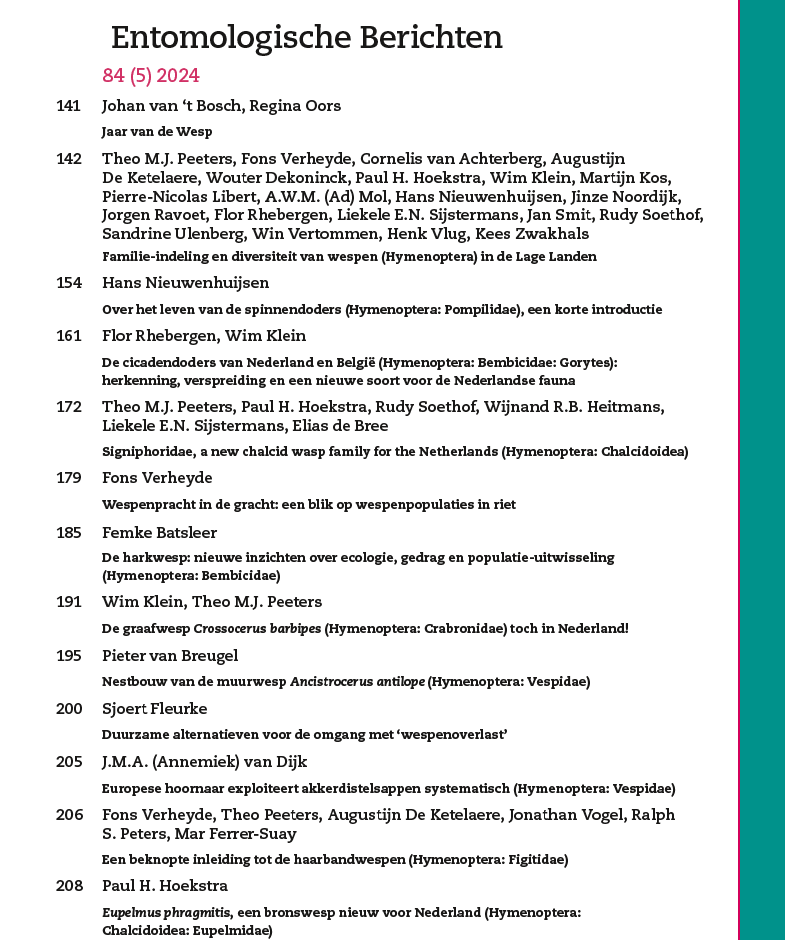 Hij is er eindelijk! Het extra dikke themanummer van Entomologische Berichten: Wespen!
Een mooie afsluiter van het Jaar van de Wesp.

Bij onze leden is het themanummer inmiddels al op de mat gevallen, of anders gebeurt dat binnenkort 😄
Ook EB ontvangen? Word dan lid!