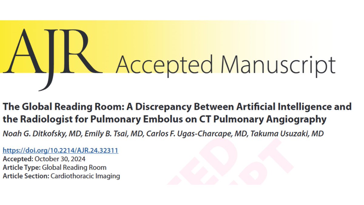 Andrew Rosenkrantz (@arosenkrantzmd) on Twitter photo New <a href="/AJR_Radiology/">AJR</a> Accepted Manuscript:
"The Global Reading Room: A Discrepancy Between AI and the Radiologist for Pulmonary Embolus on CTPA"
By <a href="/nditkofsky/">Noah Ditkofsky</a>, <a href="/ebtsai/">Emily B. Tsai, MD</a>, Ugas-Charcape, & Usuzaki <a href="/UofT/">University of Toronto</a> <a href="/StanfordRad/">Stanford Radiology</a> <a href="/insnsanborja/">Instituto Nacional de Salud del Niño San Borja</a> <a href="/tohoku_univ/">東北大学</a>
ajronline.org/doi/10.2214/AJ… New <a href="/AJR_Radiology/">AJR</a> Accepted Manuscript:
"The Global Reading Room: A Discrepancy Between AI and the Radiologist for Pulmonary Embolus on CTPA"
By <a href="/nditkofsky/">Noah Ditkofsky</a>, <a href="/ebtsai/">Emily B. Tsai, MD</a>, Ugas-Charcape, & Usuzaki <a href="/UofT/">University of Toronto</a> <a href="/StanfordRad/">Stanford Radiology</a> <a href="/insnsanborja/">Instituto Nacional de Salud del Niño San Borja</a> <a href="/tohoku_univ/">東北大学</a>
ajronline.org/doi/10.2214/AJ…