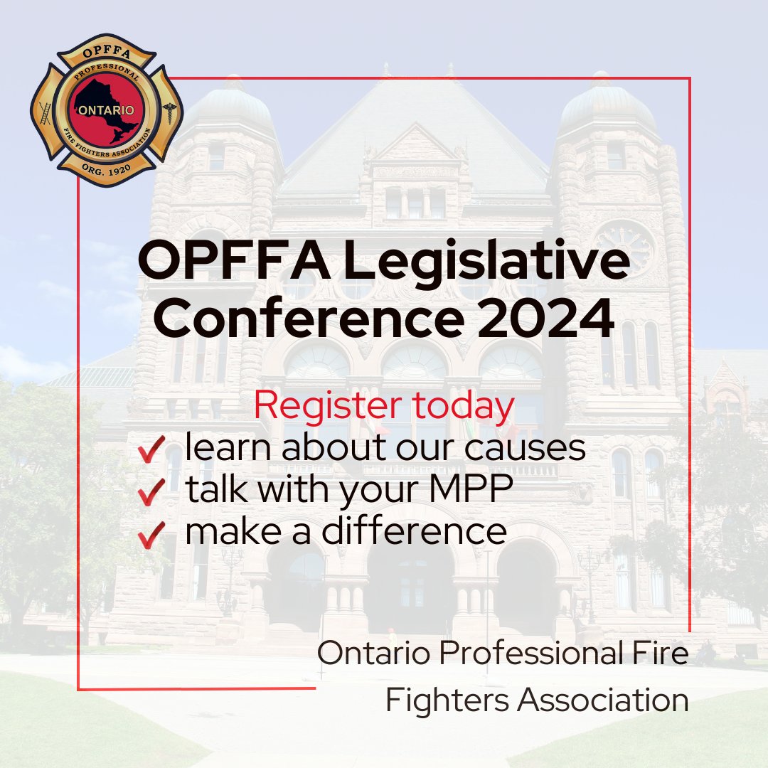 opffa's tweet photo. Just a few weeks left until the OPFFA Legislative Conference 2024. This event offers a unique chance to explore key issues in depth as a group, then engage directly with your local MPP to advocate for the causes that matter most. Together, we can make a real impact. We can't wait to see you there.
#OPFFAcauses #Firefighters