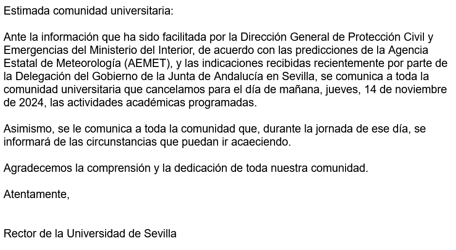matematicasUS's tweet photo. Comunicado del RECTOR:
Mañana jueves 14 de noviembre se cancelan las actividades académicas programadas.
https://t.co/Q0XSM8zxeY
No habrá CLASES mañana.

CUIDAOS https://t.co/ojH5ZcgLtv