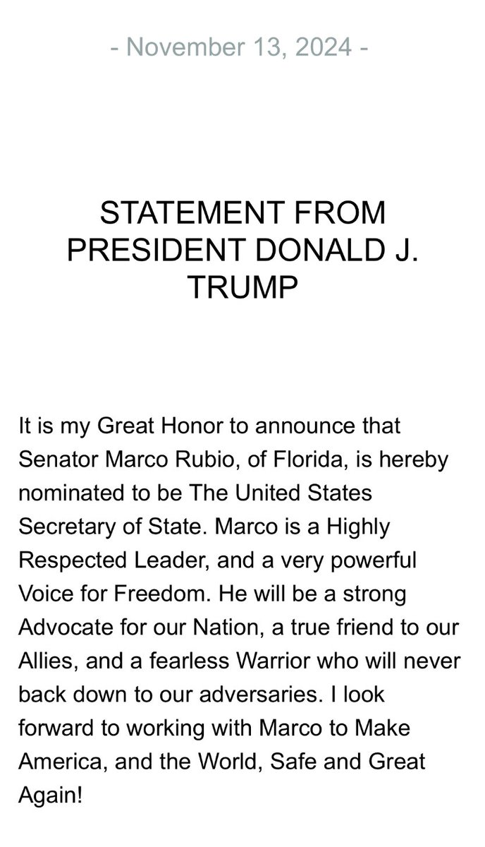 Statement makes Rubio’s nomination for Sec of State official