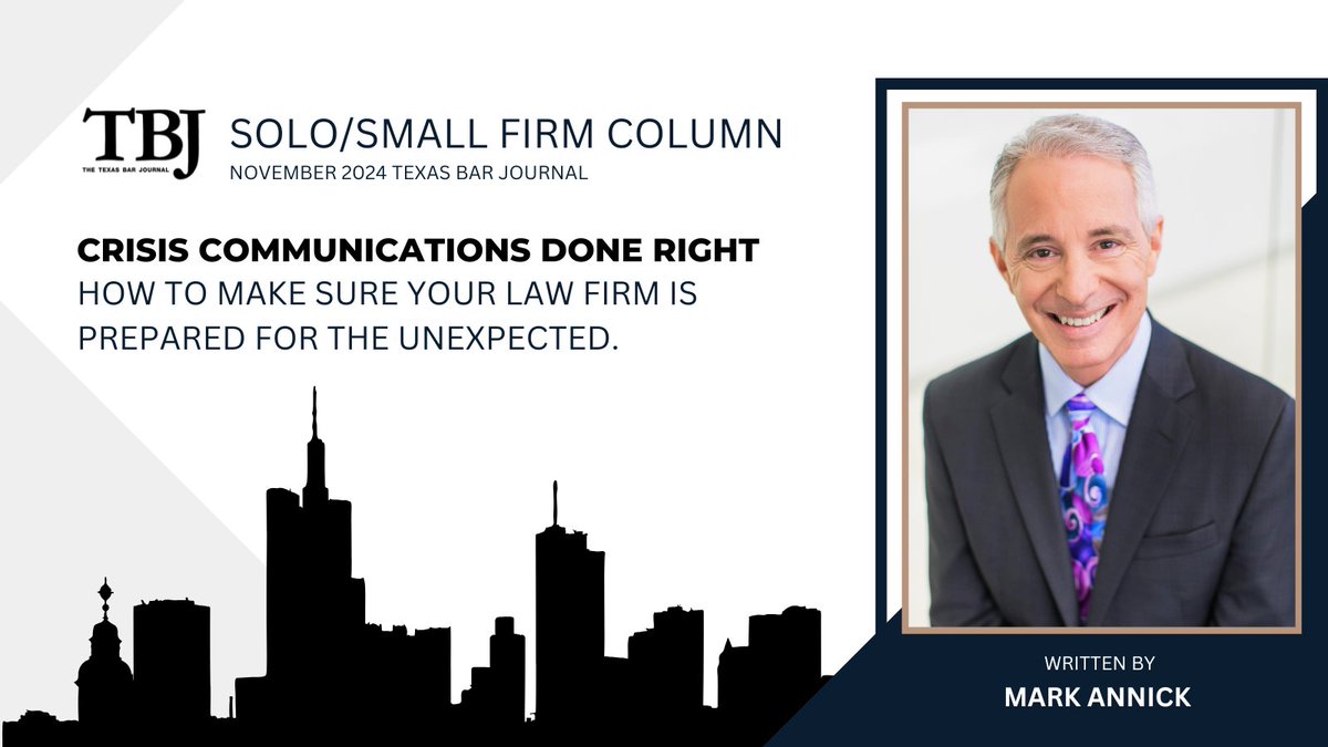 statebaroftexas's tweet image. In the November issue of the TBJ, Mark Annick shares the importance of crisis communication and how to make sure your law firm can respond to a crisis properly and promptly. tinyurl.com/tbjsolosmallno…

#LegalReads #CrisisCommunications
