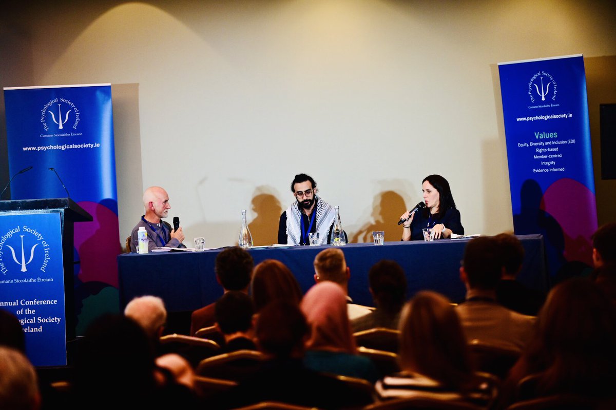PsychSocIreland's tweet photo. Powerful discussions at today’s public talk on ‘The Psychology of Conflict &amp; War’. Thank you to our speakers @MccarthyOdhran @talhawisewolf &amp; Dr Katarina Timulakova for sharing your experiences and perspectives. What a brilliant end to Day 1 of #PSIConf24! https://t.co/k4EvvL05Nb