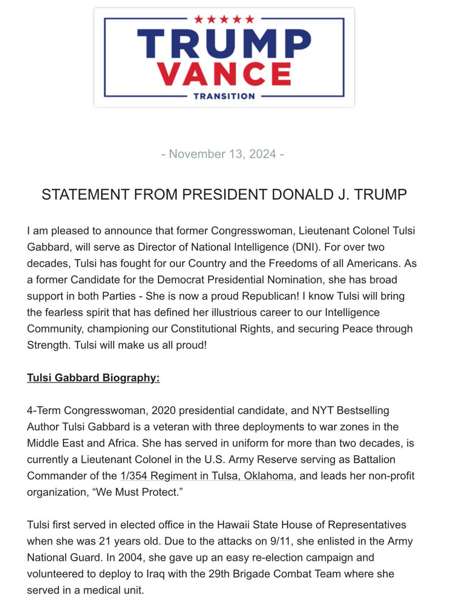 samstein's tweet photo. NEW: Tulsi announced as Director of National Intelligence https://t.co/nIkqXyLHDf