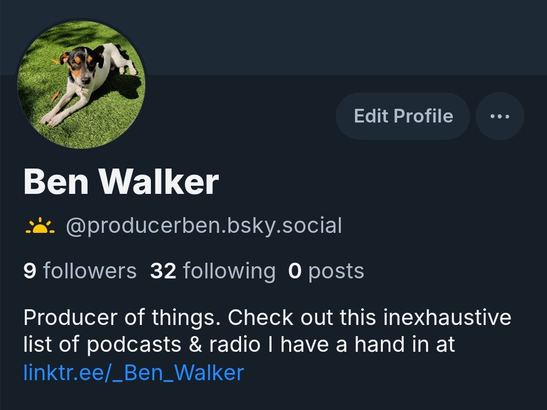 Using a nice picture of my dog Clog as profile pic in my new social media account that isn't here! @producerben.bsky.social if you want to see Clog in higher res.

It was all much easier to set up than I had expected (hint, hint)
