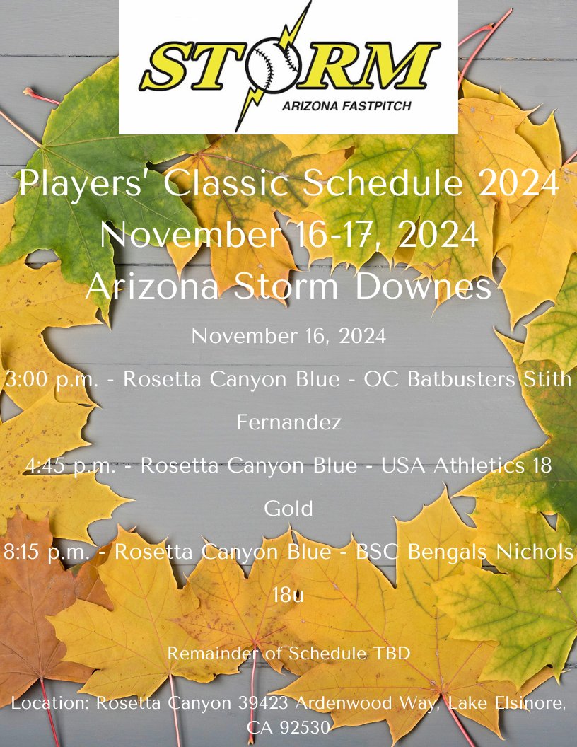 Players' Classic Schedule for November 16-17, 2024 at Rosetta Canyon