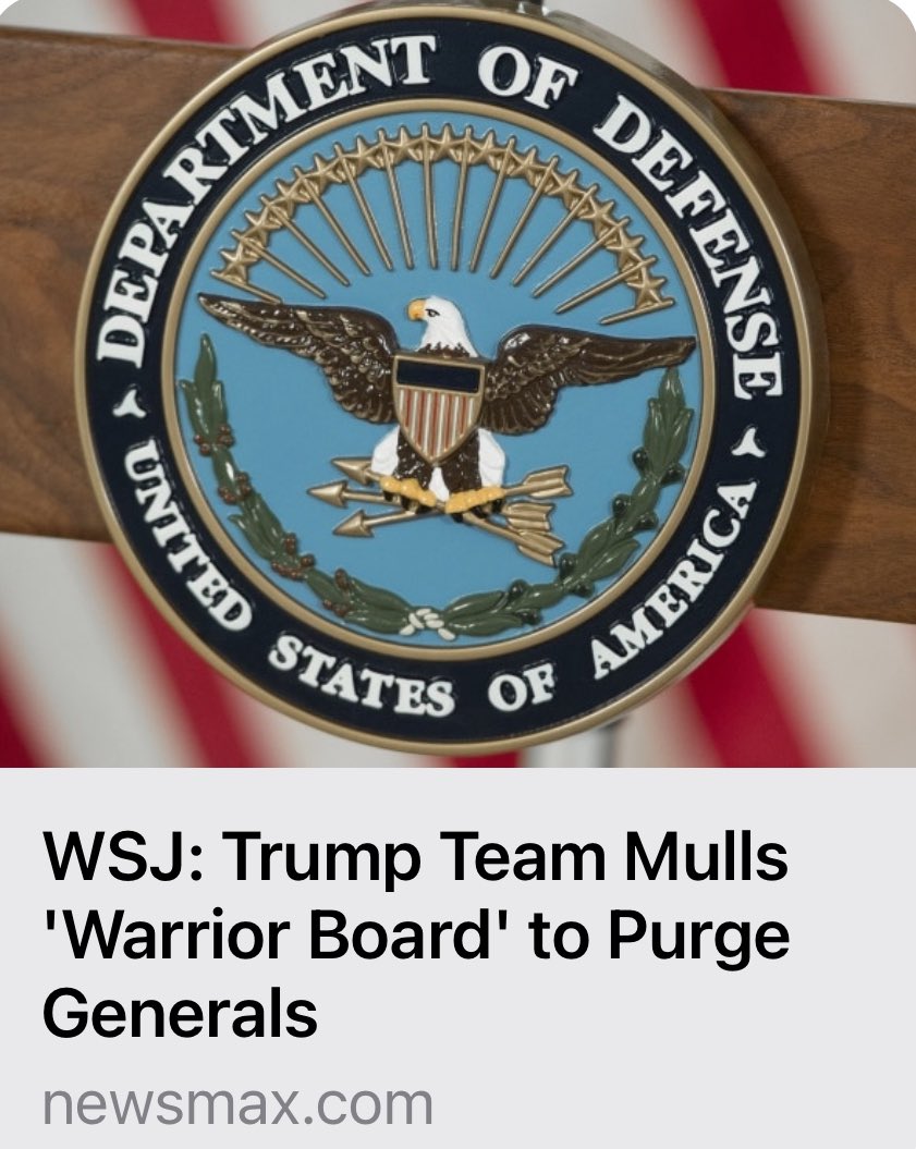 USA_Anne711's tweet photo. Trump Team Mulls 'Warrior Board' 

President-elect Donald Trump’s transition team is reportedly reviewing a EO draft that would establish a "Warrior Board" 

The Warrior Board would be comprised of former generals and non-commissioned officers with power to review three- and four-star officers and recommend their removal.

The order takes aim at "woke generals" that Trump has vowed to remove from the military ranks, according to the report.

Citing a draft of the EO, it was reported that if Trump signs the EO, it would fast-track removal of generals and admirals who are found to be "lacking in requisite leadership qualities," citing a draft of the order.

https://t.co/aLXVor47pa