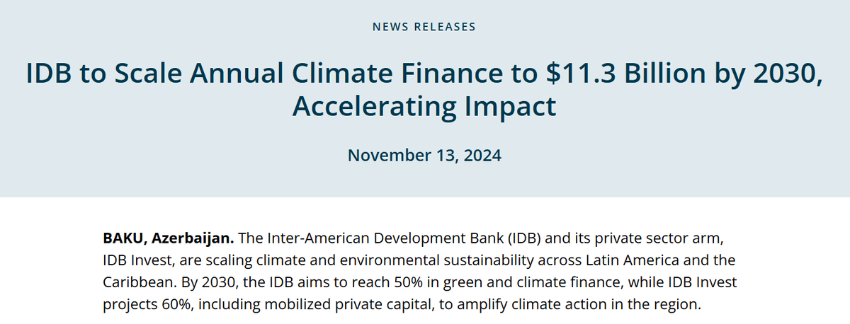 At the IDB, we’re scaling up our climate finance in support of Latin America and the Caribbean countries. IDB projects 50% in green and climate finance, while IDB Invest estimates 60%, including mobilized private capital. Total climate finance is projected to reach  $11.3 billion