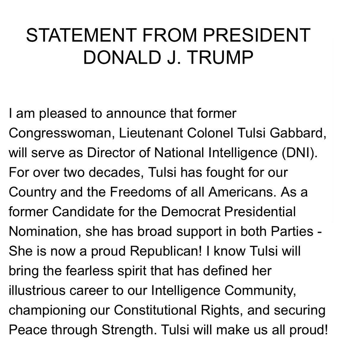 🚨 BREAKING: Donald Trump has named Tulsi Gabbard as his Director of National Intelligence
