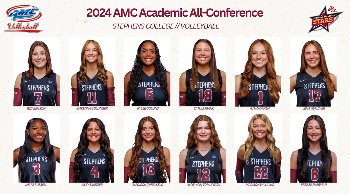 As the block ends, we want to say congrats to the student-athletes who have received AMC Academic All-Conference honors on Stars Volleyball! 📚🤩 

#StarsAthletics #StarsVolleyball #amcvb