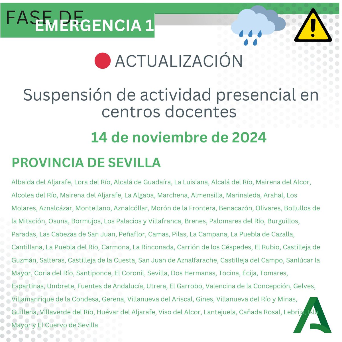 URGENTE: MAÑANA, JUEVES 14, SE SUSPENDEN LAS CLASES EN MAIRENA DEL ALJARAFE. Rogamos máxima precaución y evitar desplazamientos innecesarios a toda la población.