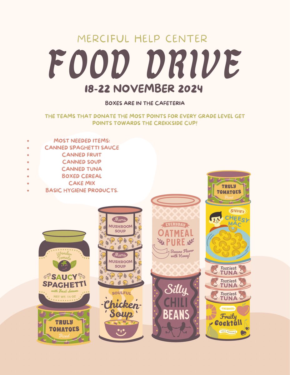 Do you have a plan to donate to the <a href="/CreeksideMS/">Creekside MS</a> Food Drive?  Donations accepted in cafeteria bins all next week! <a href="/Principal_CRM/">Steven Pelych</a>