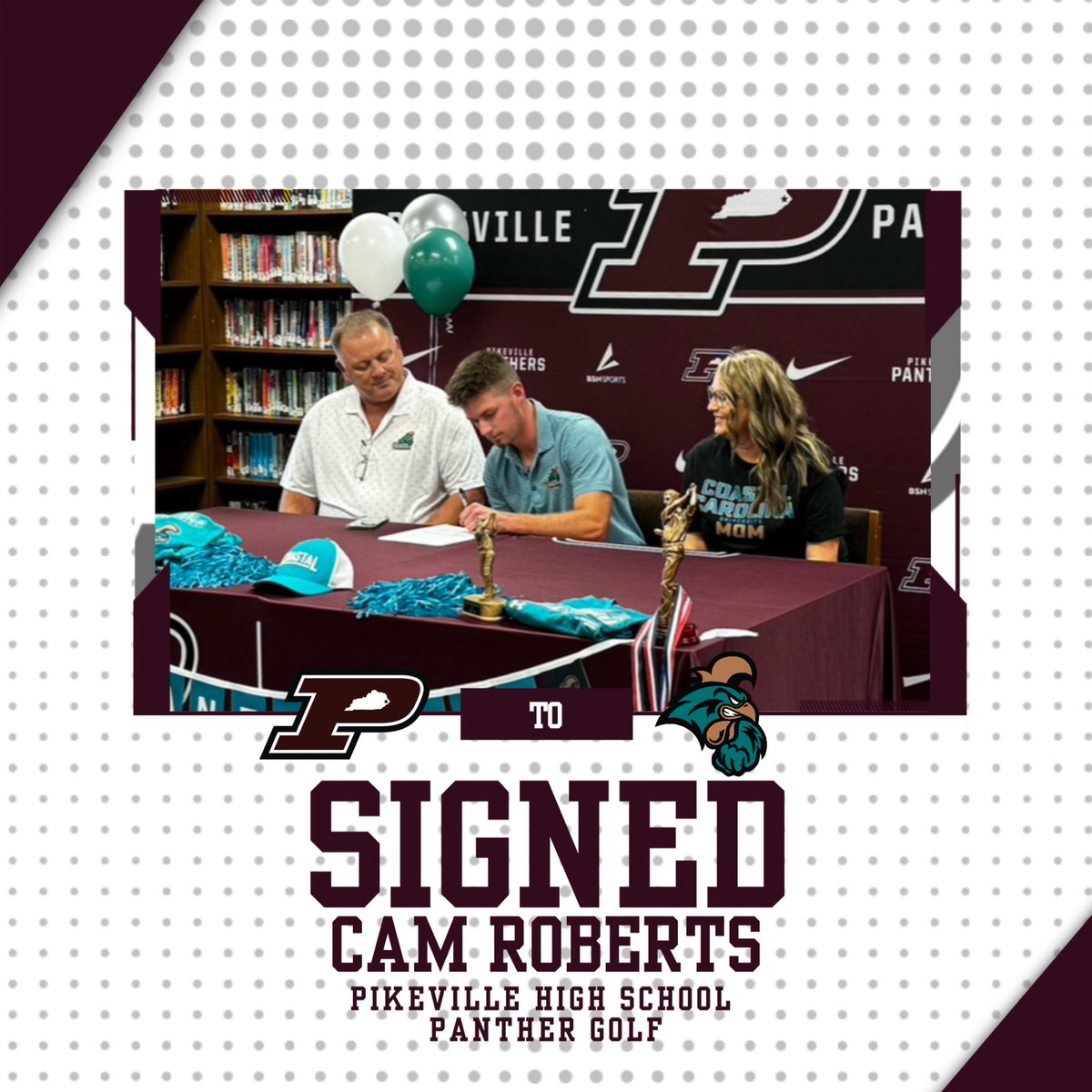 Pikeville Athletics (@pikevillesports) on Twitter photo 𝓑𝓪𝓵𝓵𝓲𝓷𝓰 𝓪𝓽 𝓽𝓱𝓮 𝓑𝓮𝓪𝓬𝓱 🏖️
Congratulations to <a href="/PikevilleHSGolf/">⛳️PHS Panther Golf⛳️</a>’s Cam Roberts on signing his National Letter of Intent to continue his Golf career at the D-1 Level with Coastal Carolina!
#OnOnMaroonAndWhite 🐾 ⛳️ 𝓑𝓪𝓵𝓵𝓲𝓷𝓰 𝓪𝓽 𝓽𝓱𝓮 𝓑𝓮𝓪𝓬𝓱 🏖️
Congratulations to <a href="/PikevilleHSGolf/">⛳️PHS Panther Golf⛳️</a>’s Cam Roberts on signing his National Letter of Intent to continue his Golf career at the D-1 Level with Coastal Carolina!
#OnOnMaroonAndWhite 🐾 ⛳️