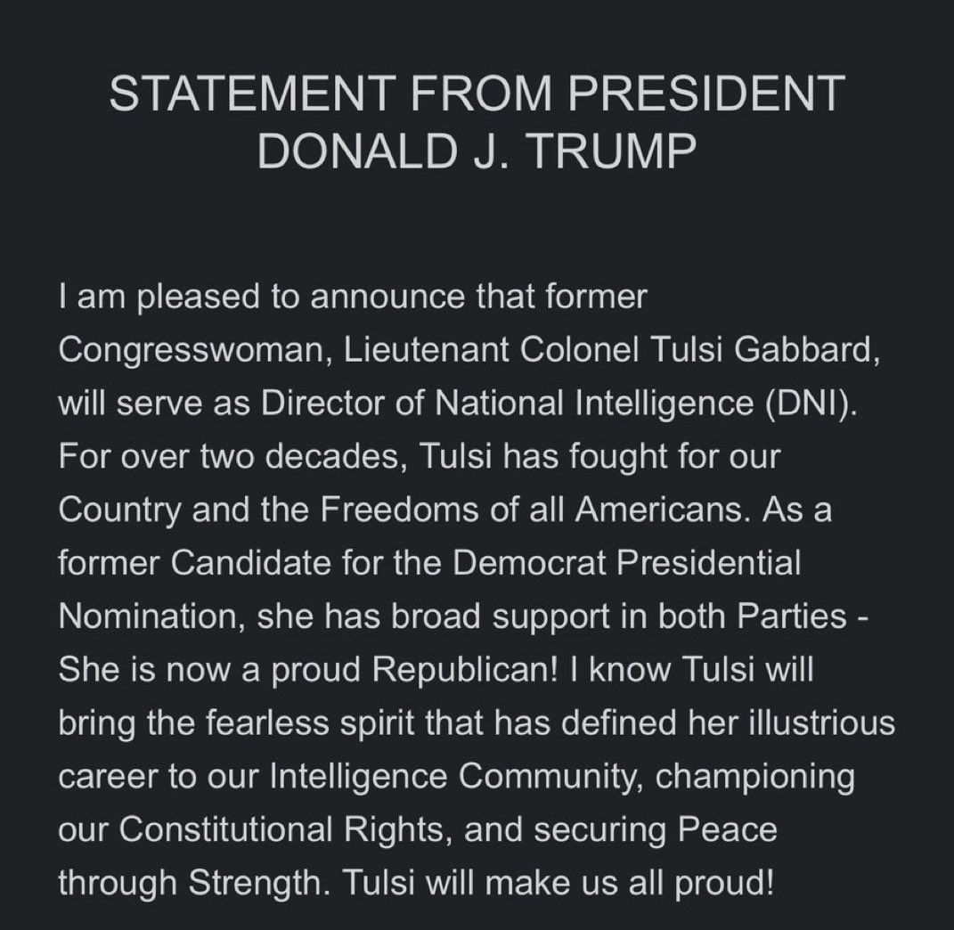 RpsAgainstTrump's tweet image. 🚨BREAKING: Donald Trump nominates Tulsi Gabbard, a known Russian asset and Bashar al-Assad apologist for Director of National Intelligence.

Putin got what he paid for