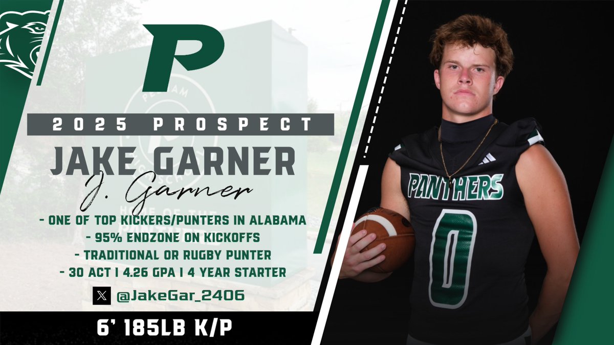 🔥All college coaches!!! <a href="/JakeGar_2406/">Jake Garner</a> is one of the top kickers/punters in the state of Alabama. He is an elite athlete who can handle all kicks and punt styles. Jake currently has a 30 ACT which will open many doors. Check him out now! <a href="/ThePelhamWayFB/">Pelham Panther Football</a> <a href="/RecruitPelhamFB/">Pelham Football Recruits</a>