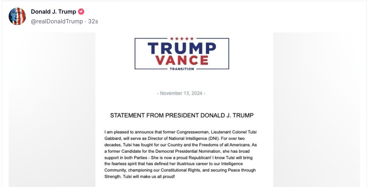 ArtCandee's tweet photo. It's official. 

Tulsi Gabbard will serve as Director of National Intelligence (DNI) under Donald Trump.

Clown. Show. https://t.co/22KOF0URvl