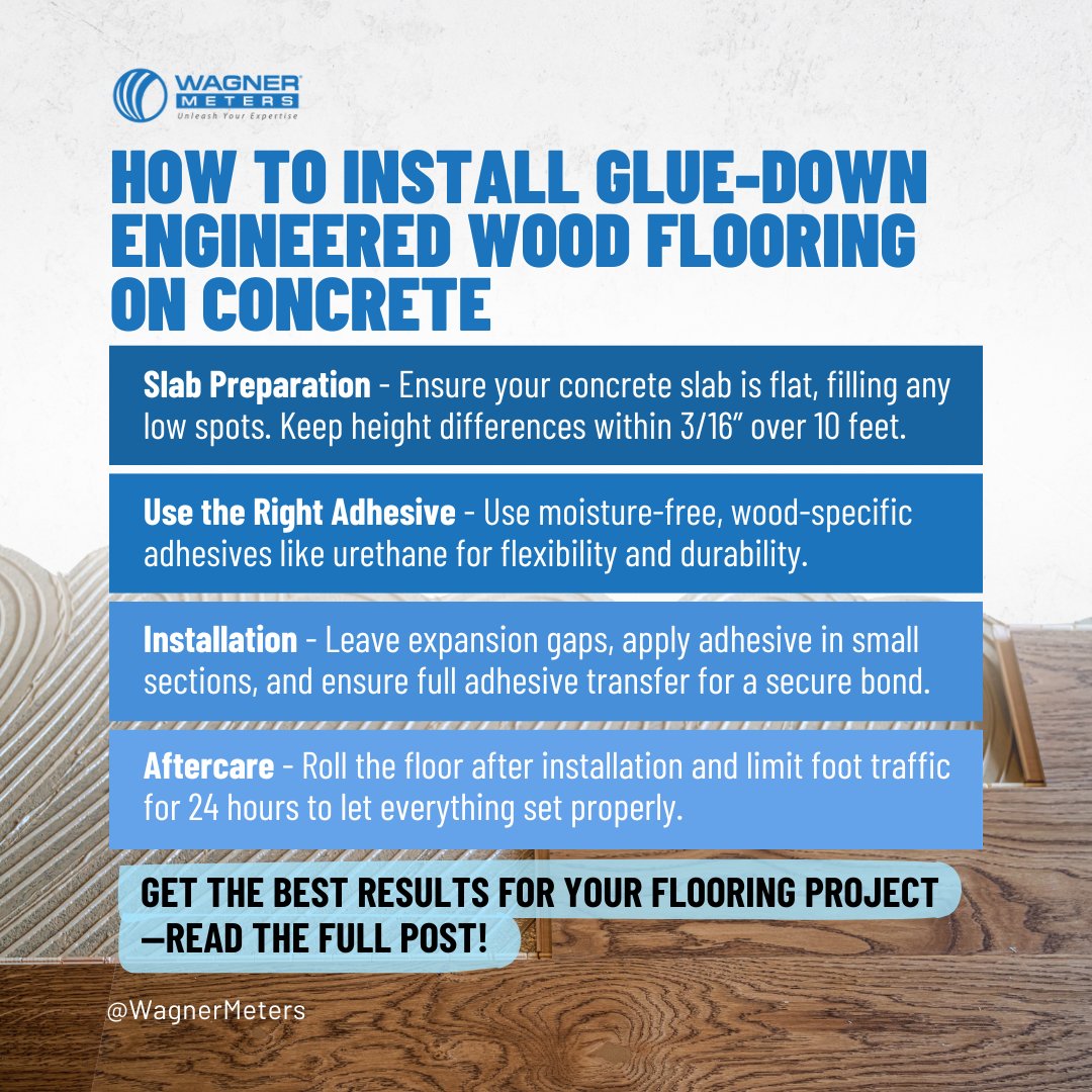 WagnerMeters's tweet image. Installing engineered wood flooring over concrete? Don’t skip these steps:

1) Prepare the slab
2) Apply the correct adhesive
3) Leave expansion gaps

Get the full installation guide here: 🔨 wagnermeters.com/moisture-meter…
#FlooringInstallation #FlooringTips #InstallationGuide