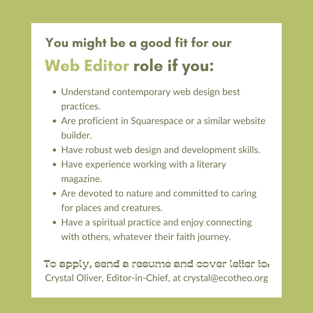 ecotheo's tweet image. Join our work! #celebratewonder #EcoTheo#EditorWanted #WebEditor #Volunteer #Nonprofit #Squarespace