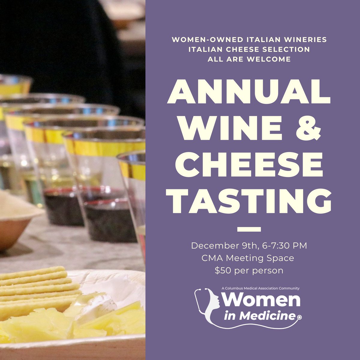 Kick off the holiday season with our CMA Women-in-Medicine Wine &amp; Cheese Tasting! 🍷 Join us Dec. 9, 6-7:30 PM, for a tour of women-owned Italian wineries led by sommelier Gregory Stokes. All are welcome!

$50/person
Reserve your spot: checkout.square.site/buy/DYMYMDWNLF…