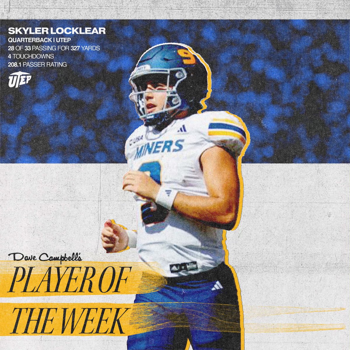 ALL-TEXAS PLAYER OF THE WEEK: <a href="/UTEPFB/">UTEP Football</a> QB <a href="/locklear_skyler/">Skyler Locklear</a>!

Locklear threw for 327 Yards &amp; 4 Touchdowns in a massive Miners win over Kennesaw State on Saturday!

#PicksUp #CollegeFootball #Dctf #TexasFootball