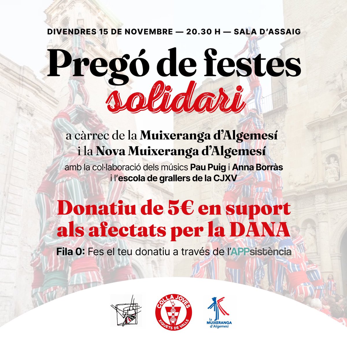 JovesValls's tweet photo. Amb molta il·lusió, us anunciem que la Muixeranga d’Algemesí (@muixerangablava) i la Nova Muixeranga d’Algemesí (@novamuixeranga) seran les encarregades de pronunciar el pregó de les Festes Anyals 2024.

📆 Divendres 15 de novembre
🕓 20.30h
📍Local Colla Joves Xiquets de Valls https://t.co/hiLSFX5Vzd
