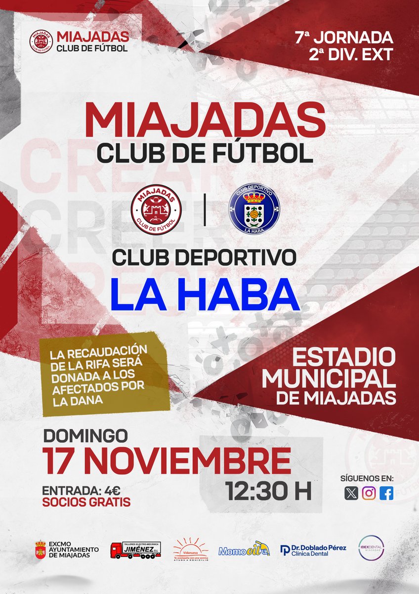 📢 Jornada 7
🆚 <a href="/cd_lahaba/">Club Deportivo La Haba</a> 
📅 Domingo 17 Noviembre
🕧️ 12:30h
🏟 Municipal de Miajadas
🎫 Entrada 4€ / Socios gratis
‼️ La recaudación de la rifa será donada a los afectados por la DANA