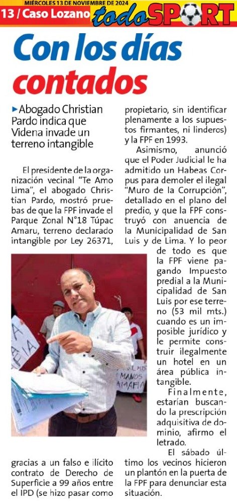 Christian_Pardo's tweet photo. HOY en *Todo Sport* 📰📌  *FALSA #VIDENA #FPF CON LOS DÍAS CONTADOS*
Poder Judicial debe ordenar demolición del *MURO DE LA CORRUPCIÓN* https://t.co/YeZ6JqE9Up