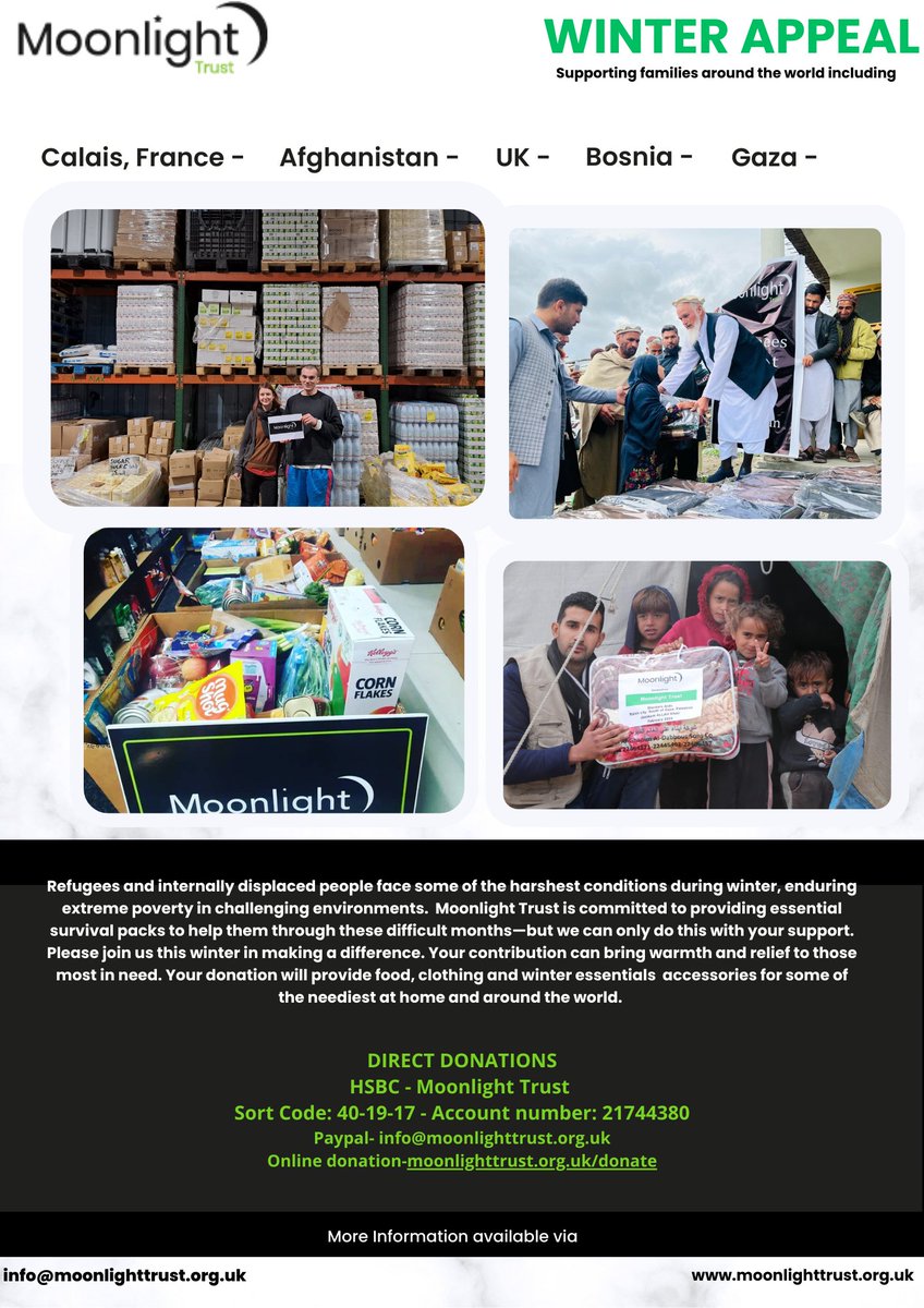 We’re providing essential support to refugees &amp; displaced communities both locally and globally. From delivering food parcels, gas  electricity tokens at home to distributing winter survival packs worldwide, let's protect those in need!
Support via moonlighttrust.enthuse.com/profile