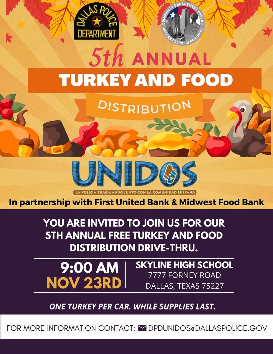 Mark your calendars for the 🍁UNIDOS 5TH Annual Turkey and Food Distribution. This is a 100% free to the community drive thru event. 🦃 See you there!
