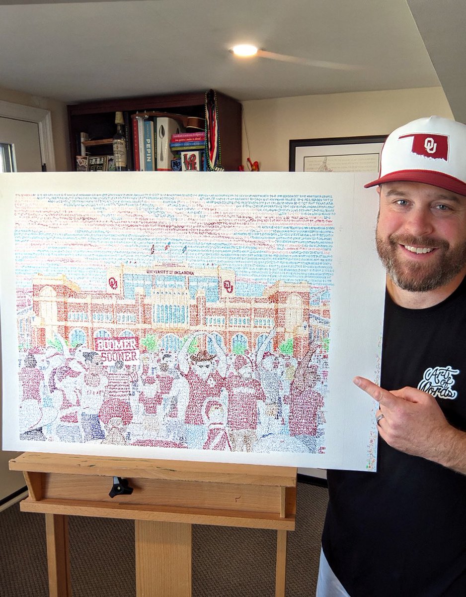 NEW Oklahoma Sooners Word Art! 

Celebrating 100 years of Sooners football history, handwritten with all 944 wins - the date, opponent and score in chronological order to create the Palace on the Prairie!

Pre-Sale now available:
artofwords.com/products/oklah…