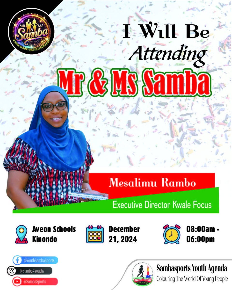 🌟 Hatungojei Sana! We’re thrilled to announce that Mesalim Rambo will be attending #MrAndMsSamba2024! As the Executive Director of our key partner, Kwale Focus, we are excited about the just epic moments of youth transformation! Its beauty, innovation and community service🔥🏆