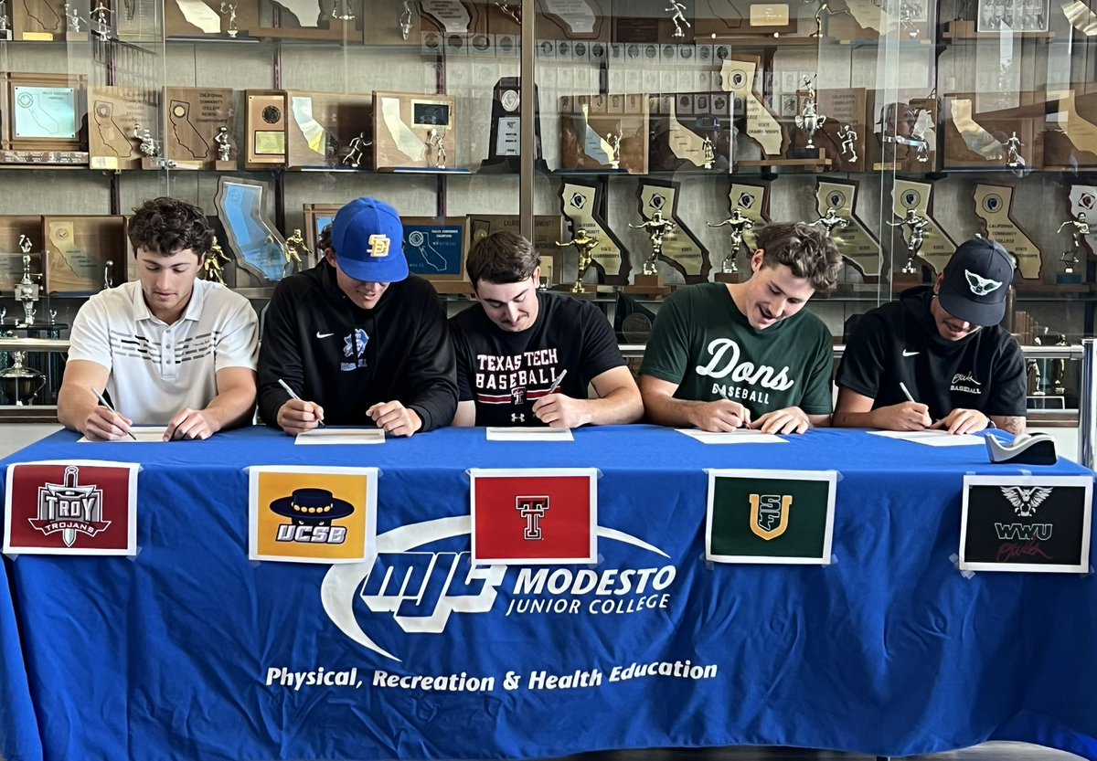 Modesto Junior College Baseball (@modestobsb) on Twitter photo Congrats to our fall signees!
Nate Criswell - <a href="/TroyTrojansBSB/">Troy Baseball ⚔️</a>
Dawson Downs - <a href="/UCSB_Baseball/">UC Santa Barbara Baseball</a>
Gavin Farinha - <a href="/TTU_Baseball/">Texas Tech Baseball</a>
Steele Witchek - <a href="/SFDonsBaseball/">San Francisco Baseball</a>
AJ Vasquez - <a href="/wwuowlsBSB/">William Woods Baseball</a>
Many more to come.. 🏴☠️🏴☠️
<a href="/AthleticsMjc/">MJC Athletics</a>
<a href="/modestojc/">ModestoJuniorCollege</a>
<a href="/Quade1095/">Quinton Hamilton</a> Congrats to our fall signees!
Nate Criswell - <a href="/TroyTrojansBSB/">Troy Baseball ⚔️</a>
Dawson Downs - <a href="/UCSB_Baseball/">UC Santa Barbara Baseball</a>
Gavin Farinha - <a href="/TTU_Baseball/">Texas Tech Baseball</a>
Steele Witchek - <a href="/SFDonsBaseball/">San Francisco Baseball</a>
AJ Vasquez - <a href="/wwuowlsBSB/">William Woods Baseball</a>
Many more to come.. 🏴☠️🏴☠️
<a href="/AthleticsMjc/">MJC Athletics</a>
<a href="/modestojc/">ModestoJuniorCollege</a>
<a href="/Quade1095/">Quinton Hamilton</a>