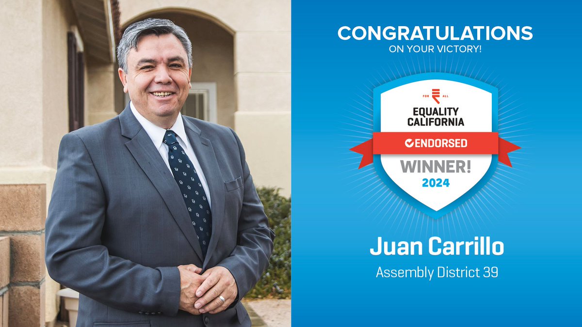 Congratulations to <a href="/JuanCarrillo4CA/">Juan Carrillo</a> on his victory in #AD39! 🎉 We’re excited to partner with him as we keep fighting for a world that’s healthy, just, and fully equal for every LGBTQ+ person. 🏳️‍🌈🏳️‍⚧️#EqualityWins
