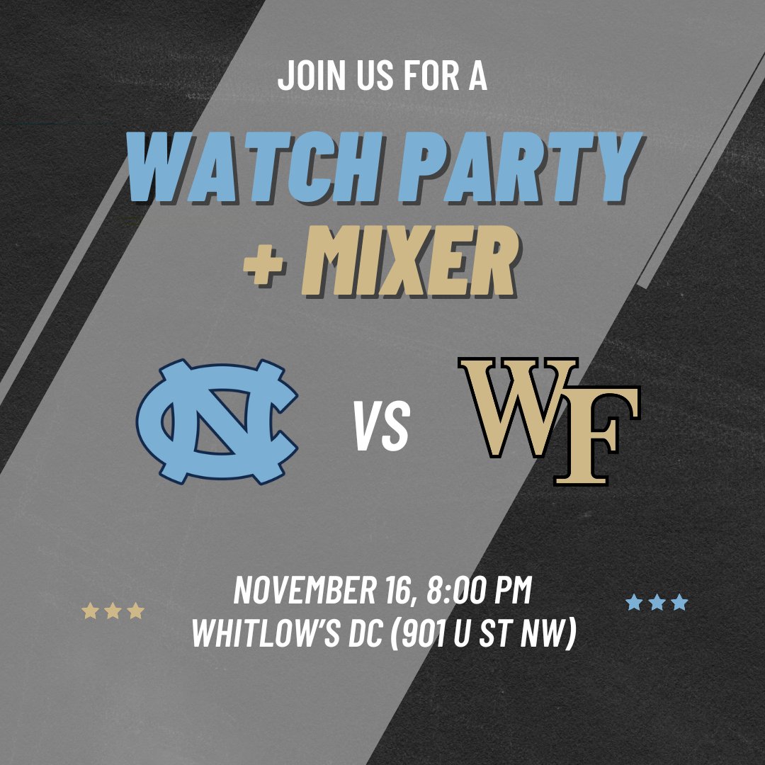 We’re mixing it up with DC-area Demon Deacons this Saturday, Nov. 16 at 8pm! 🏈Join the D.C. Carolina Club and the DC Deacs at Whitlows DC for a spirited football watch party and mixer with our ACC rivals.
🗓️Saturday, Nov. 16
⏰8 p.m.
📍Whitlow’s DC (901 U Street NW)