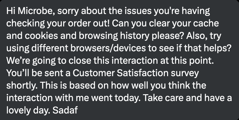 microbehat's tweet photo. @sainsburys This is the quality of response you can expect from @sainsburys They tell you to repeat something they've already told you to do, which did not solve the problem, and then say they're not going to help any more. https://t.co/isGheEvMIA