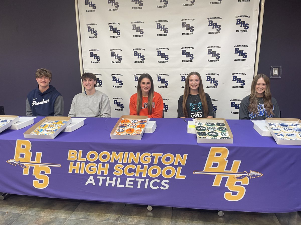 Congratulations to these 5 BHS seniors who will playing at the collegiate level next year! (L to R):
T. Dowling - baseball
J. Zimmerman - basball
S. Dadekian - soccer
E. May - basketball 
A. Witt - softball