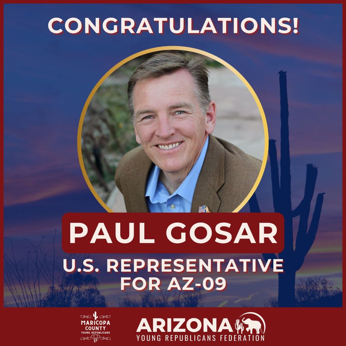 Arizona Young Republicans (@arizonayrs) on Twitter photo Congratulations <a href="/RepGosar/">Rep. Paul Gosar, DDS</a> on your re-election! CD-9 & <a href="/freedomcaucus/">House Freedom Caucus</a> are lucky to have you!
Shoutout to YR <a href="/jeremiahcota/">Jeremiah Cota ✝️🇺🇸</a> for your hard work on Rep. Gosar's campaign 🇺🇸 Congratulations <a href="/RepGosar/">Rep. Paul Gosar, DDS</a> on your re-election! CD-9 & <a href="/freedomcaucus/">House Freedom Caucus</a> are lucky to have you!
Shoutout to YR <a href="/jeremiahcota/">Jeremiah Cota ✝️🇺🇸</a> for your hard work on Rep. Gosar's campaign 🇺🇸