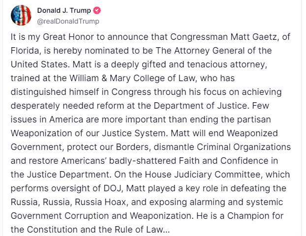 jamiedupree's tweet photo. Trump picks Rep. Matt Gaetz R-FL for Attorney General https://t.co/V4TIrlIhux